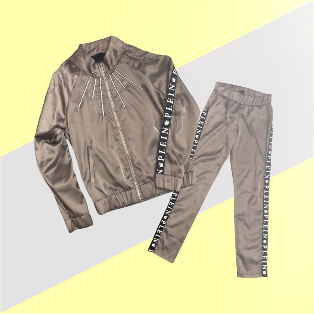 Limited Edition Philipp Plein 2 pc Satin Gold Crystal Bomber Jacket + Pants